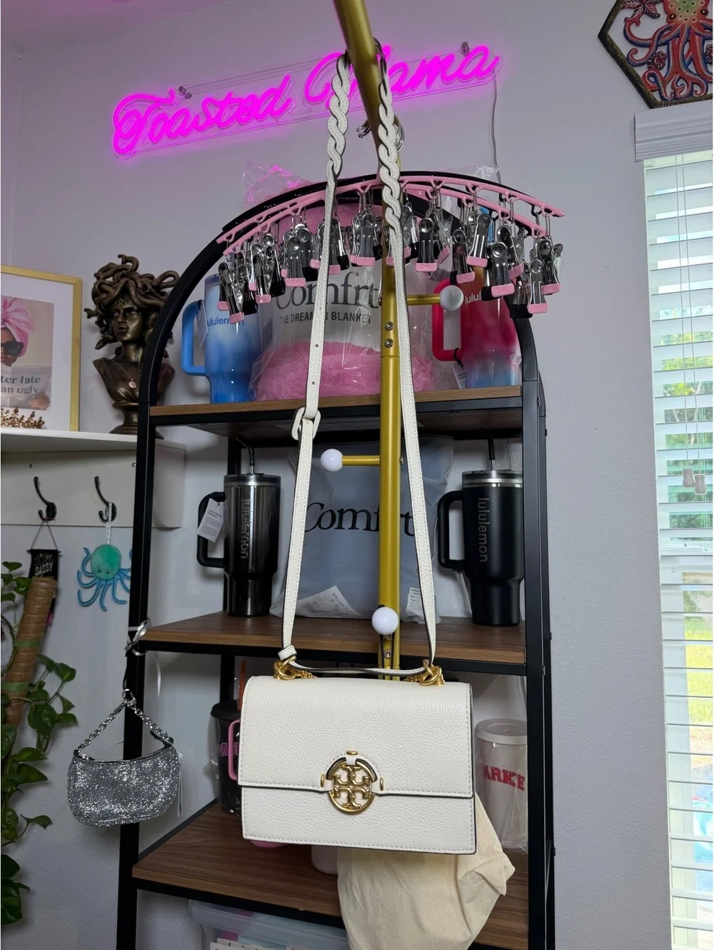 Tory Burch Miller Mini Shoulder Bag White Pebbled Leather Gold Logo NWOT